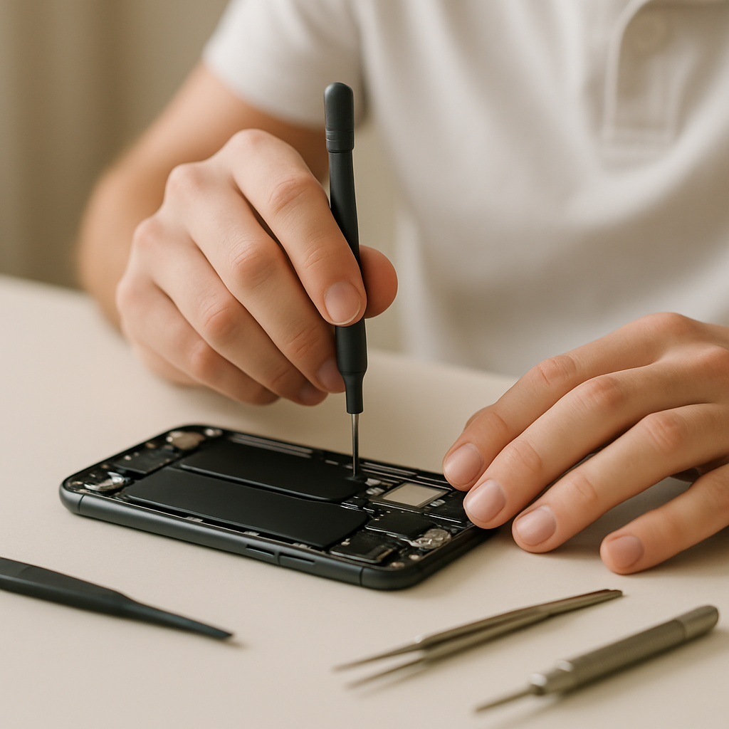 Technician repairing a smartphone on a clean workbench with precision tools