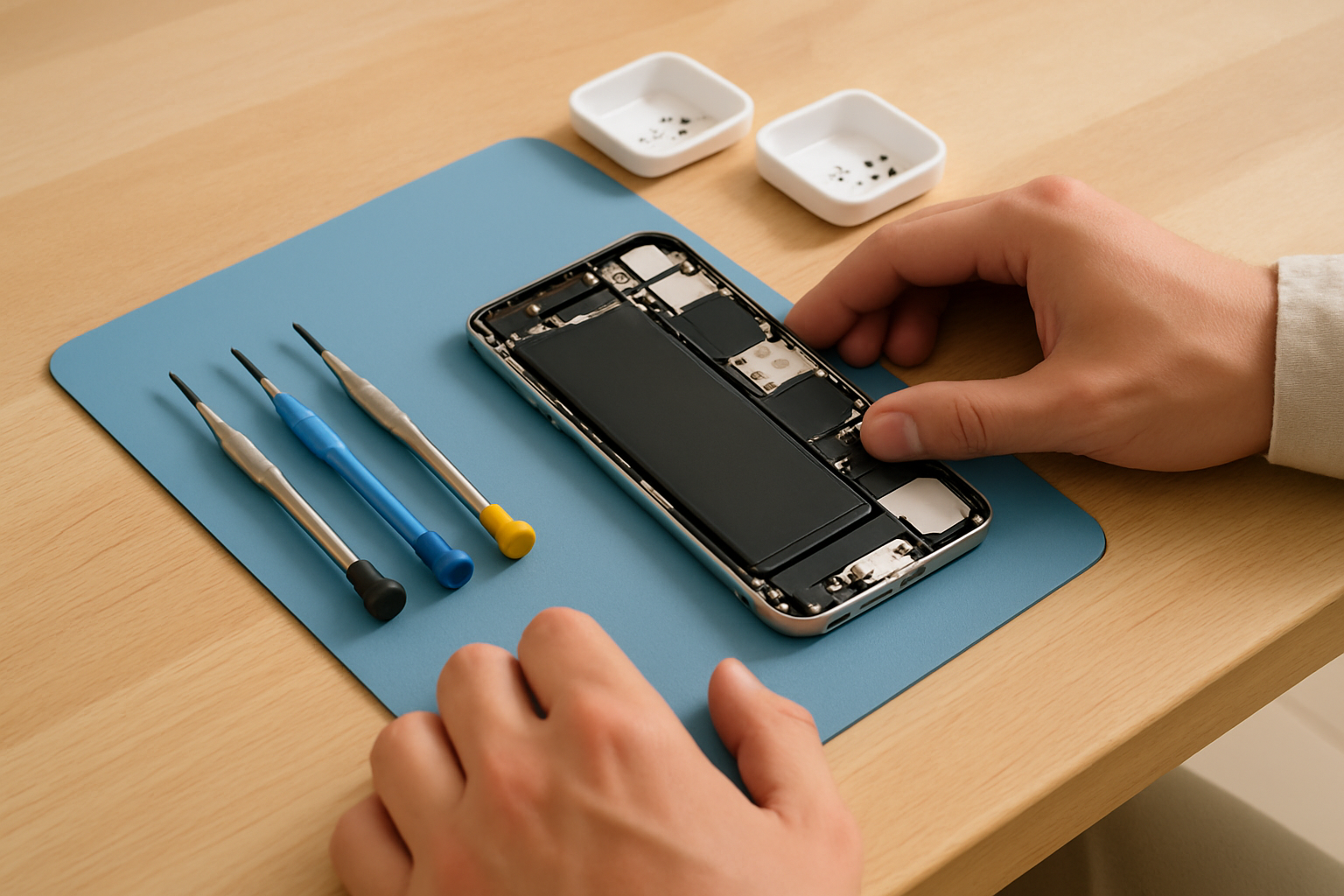 Clean local phone repair workspace with technician tools and organized device parts on a bright workbench
