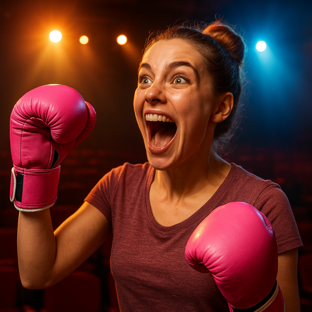 Excited fan with ballet bun and pink boxing gloves cheering