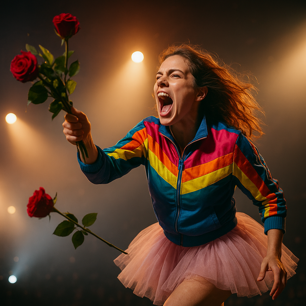 A fan in track jacket and tutu, mouth open mid-yell, throwing roses toward stage