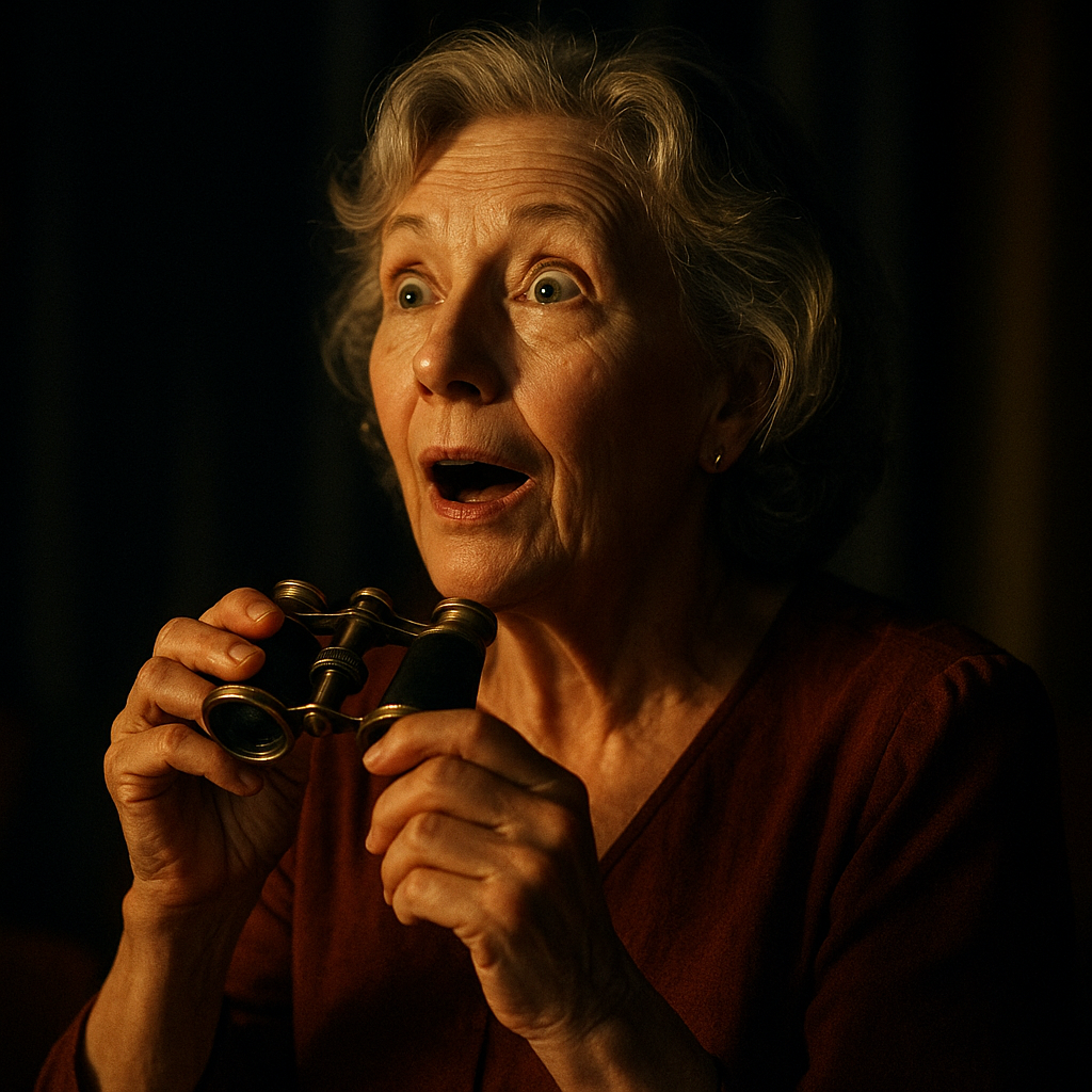 Older fan in dramatic lighting, clutching opera glasses, eyes wide with awe