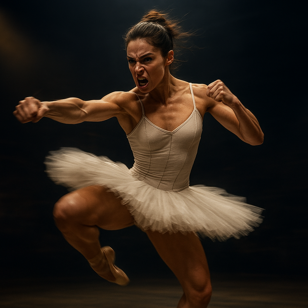 Ballerina in a dramatic fighting pose, mid-pirouette, with a fierce expression