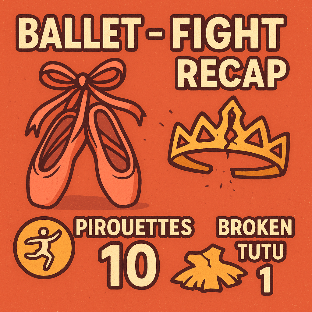 Humorous recap graphic with ballet shoes, broken tiaras, and playful stats