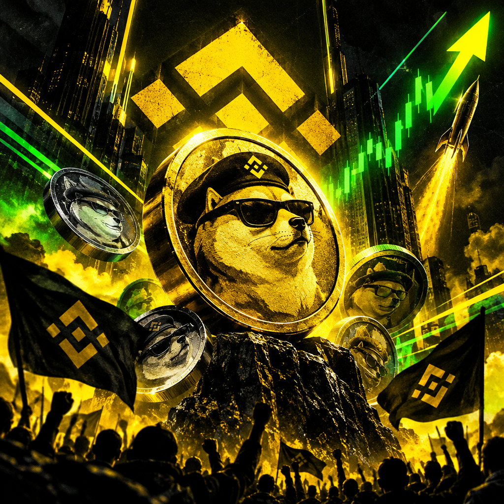 Dark neon memecoin movement artwork with metallic coin forms, diagonal chart-like light trails, yellow-green energy accents, and cyber glow on a shadowy crypto backdrop
