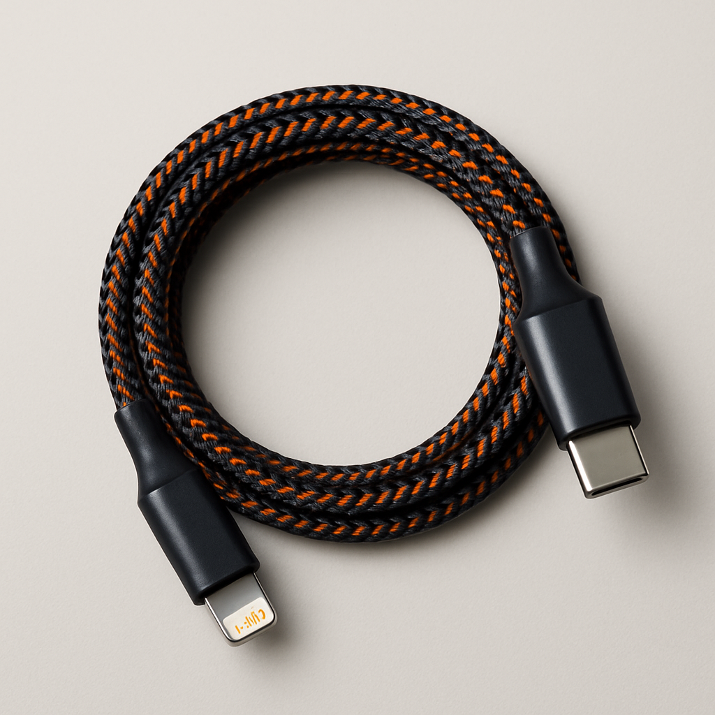 Câble tressé noir et orange avec connecteurs USB-C et Lightning