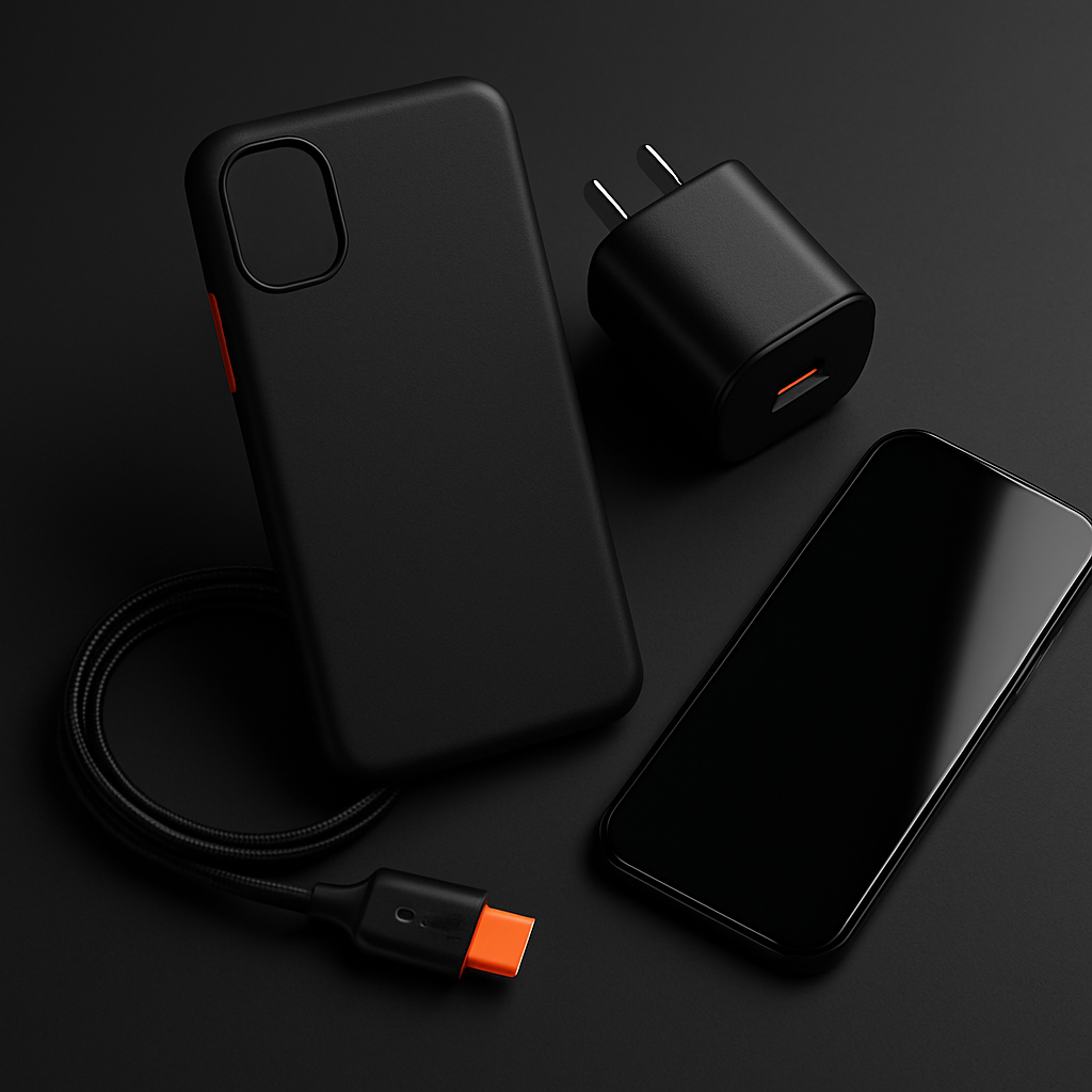 Composition abstraite premium d’accessoires mobiles noirs et orange avec reflets métalliques