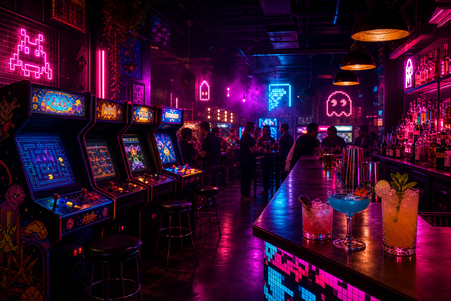 Neon-lit retro arcade bar interior with glowing classic cabinets, craft cocktails on the bar, and moody late-night atmosphere