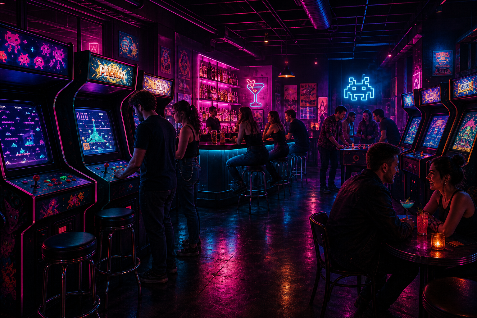 Neon-lit retro arcade bar interior with glowing cabinet rows, cocktail bar counter, and a lively late-night crowd