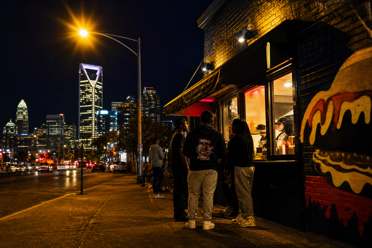 Charlotte street at night with glowing storefronts and a lively late-night crowd