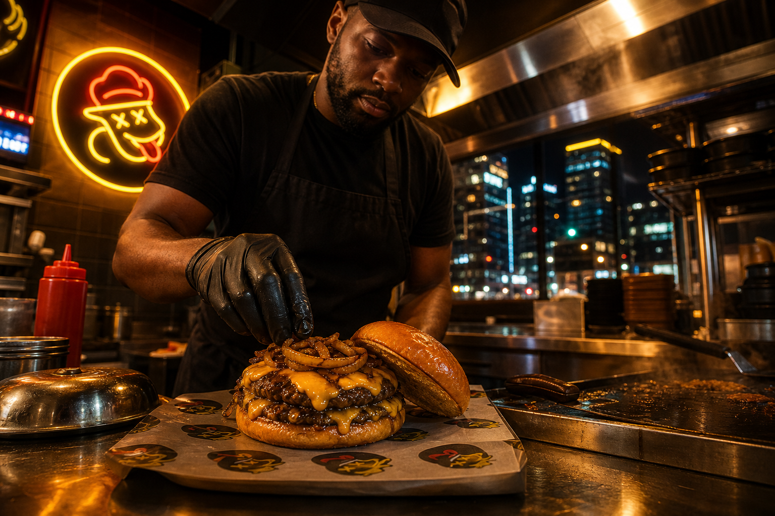 Late-night kitchen scene with a cook plating a smash burger under warm neon lighting