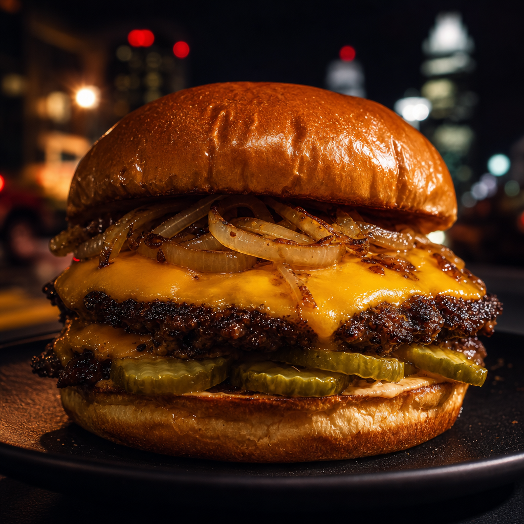 Close-up of a juicy smash burger with melted cheese, grilled onions, and glossy bun on a dark plate