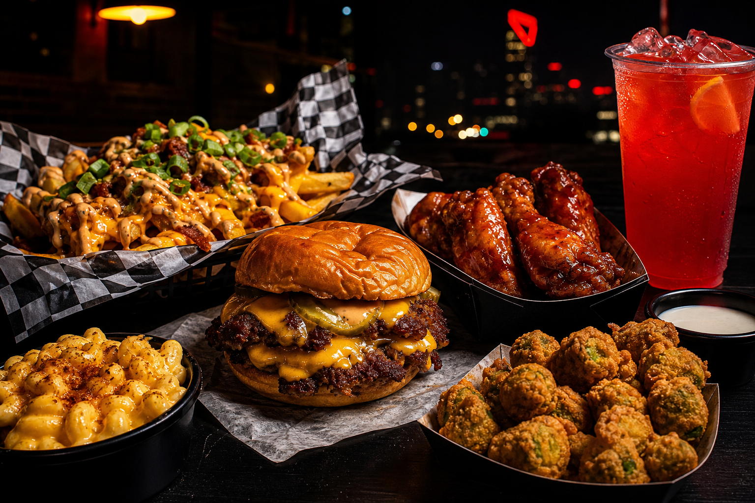 A bold late-night spread with a smashed cheeseburger, loaded fries, wings, and a red lemonade on a dark tabletop