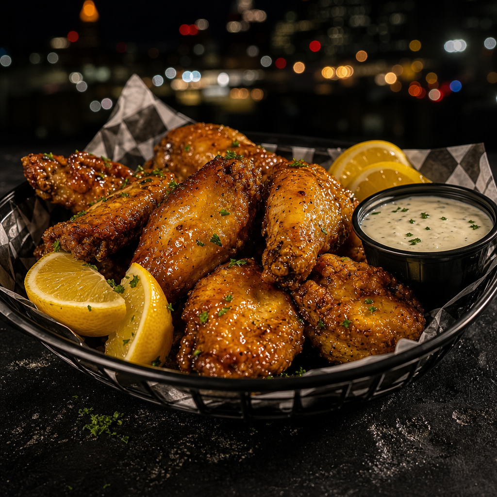 Basket of crispy wings glazed in glossy honey lemon sauce with lemon wedges