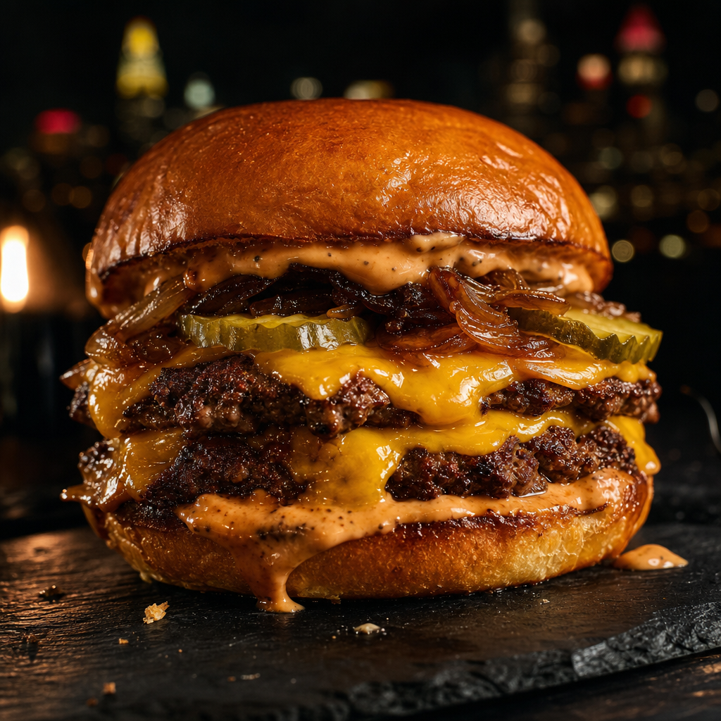 Juicy double smash burger with melted cheese, caramelized onions, and house sauce on a toasted bun