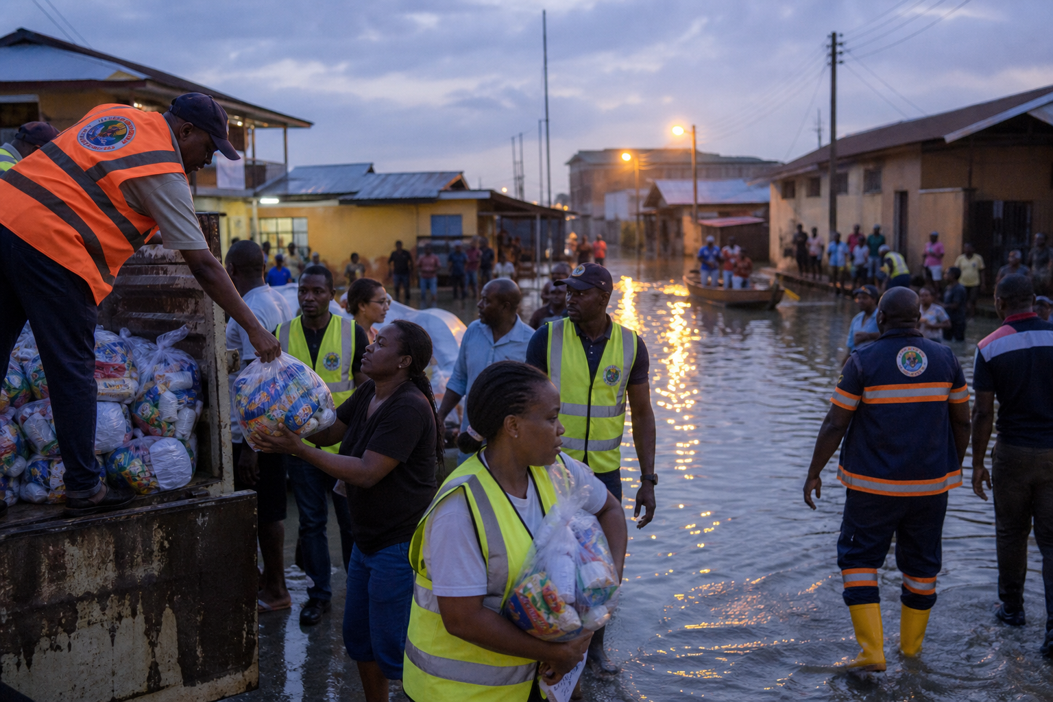 Volunteers and emergency workers distributing relief packs near flooded homes in Warri at dusk