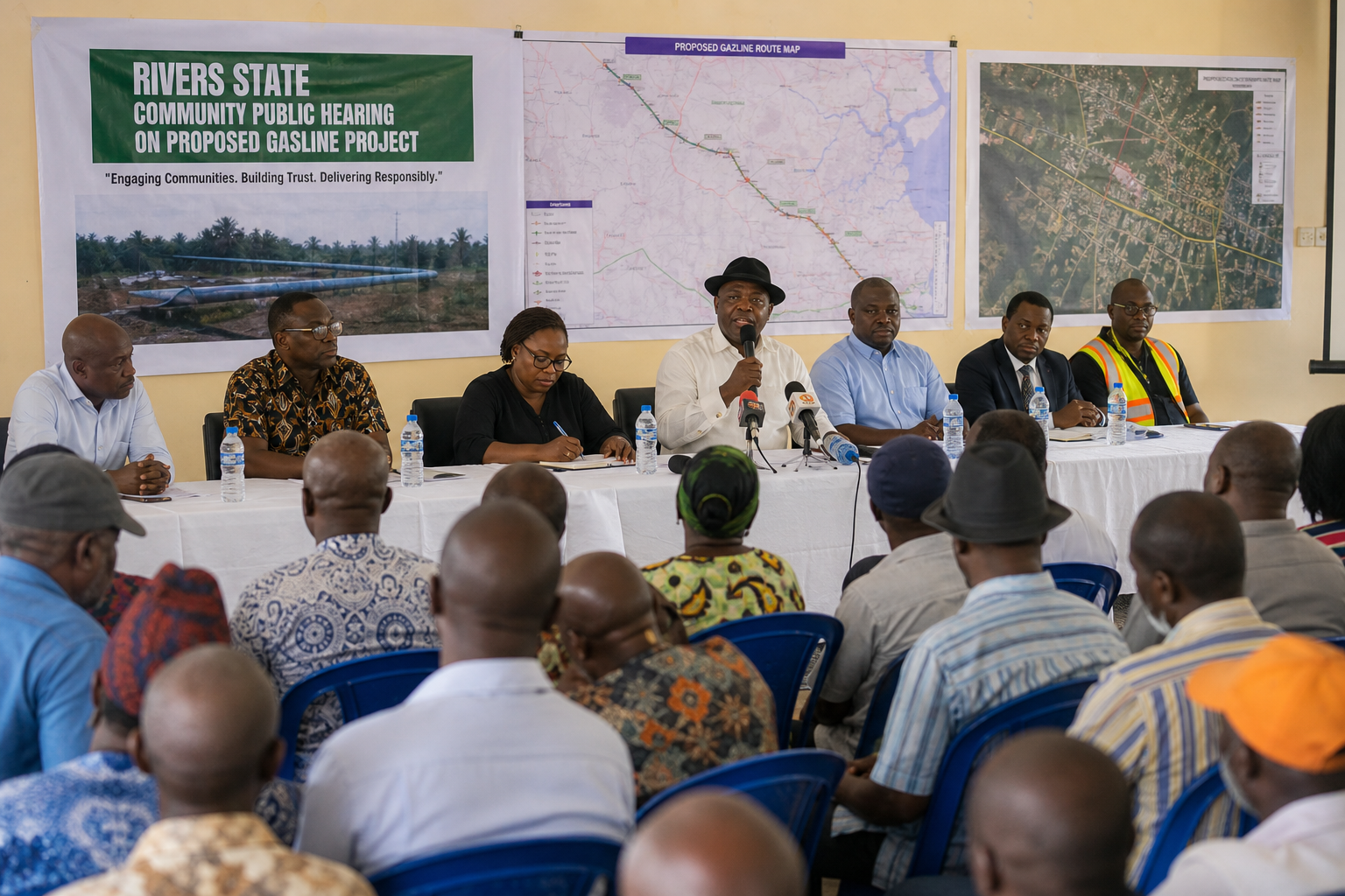 Community leaders seated at a public hearing table with maps and microphones in Rivers State