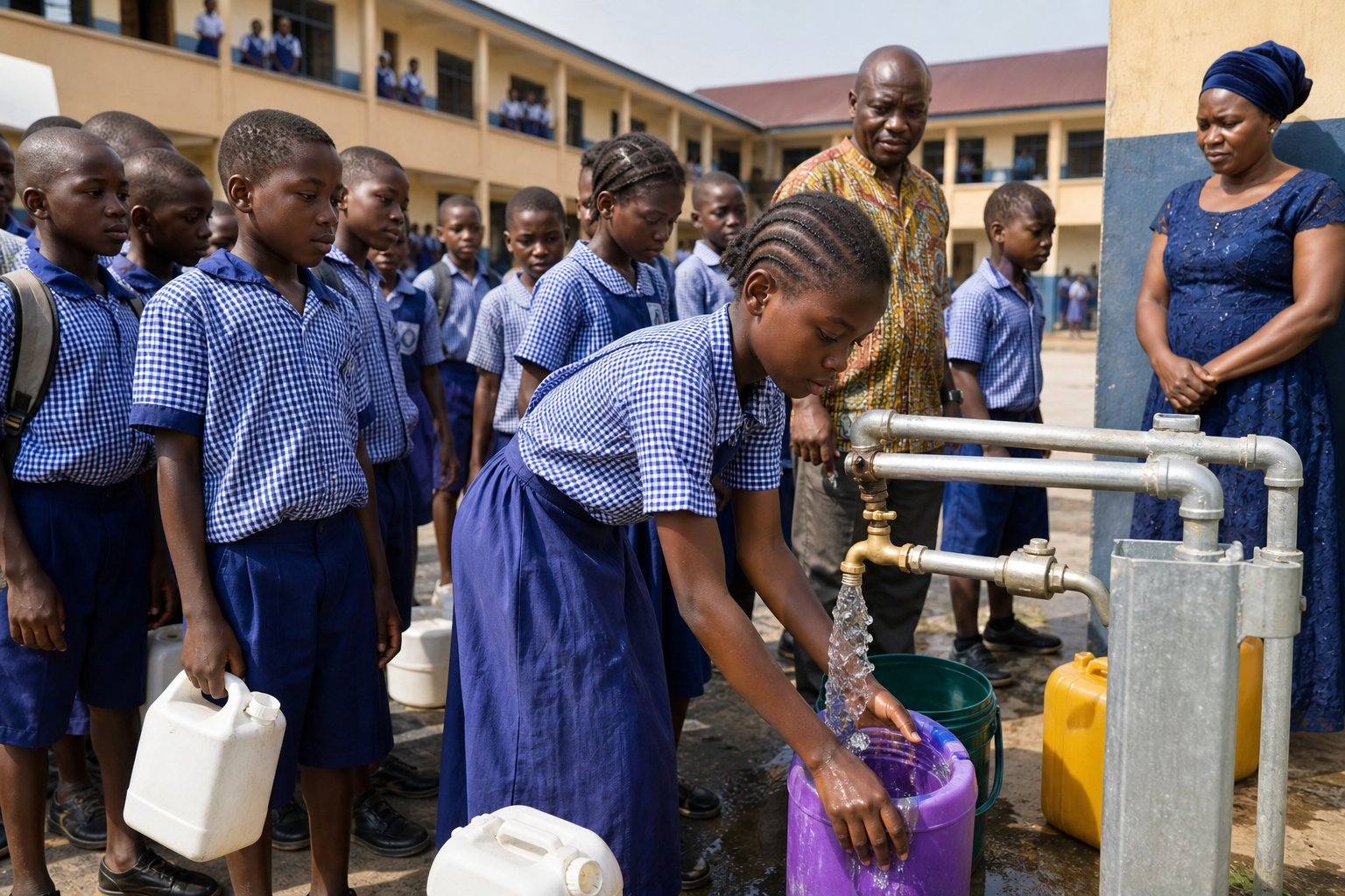Students filling containers at a newly installed borehole tap inside a Niger Delta public school