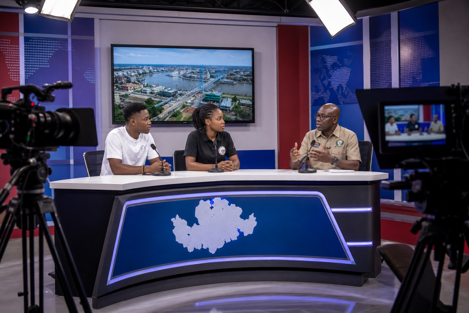 Television studio panel with youth representatives and labor officials during a live town hall
