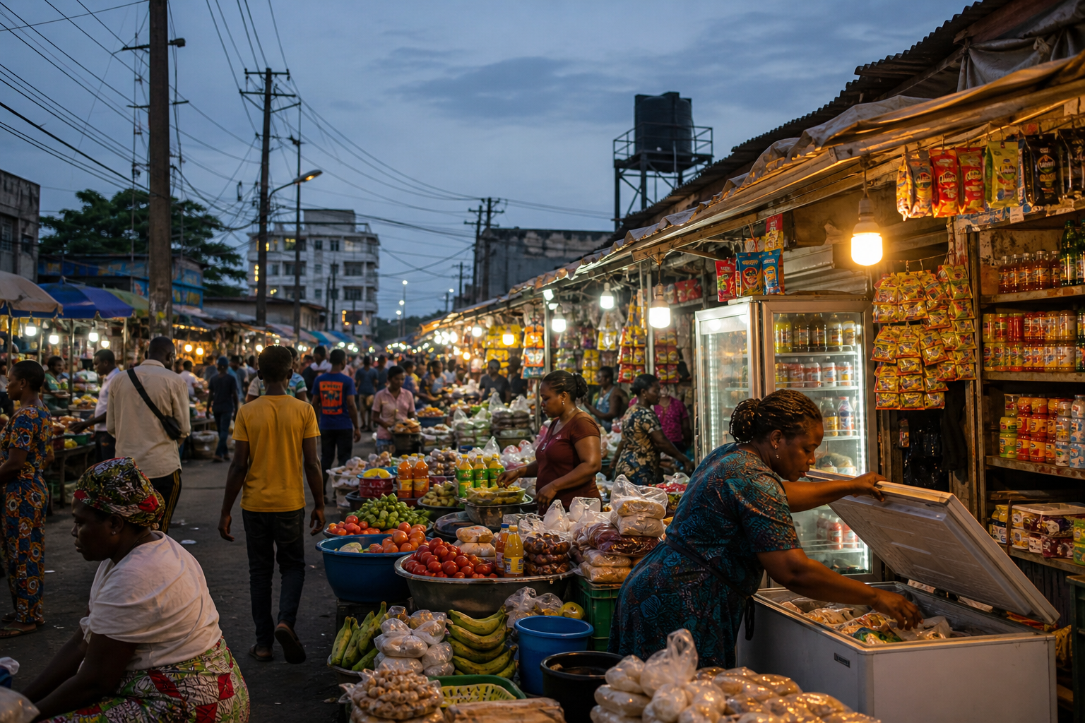 Evening view of traders reopening stalls under restored power lights at Warri central market