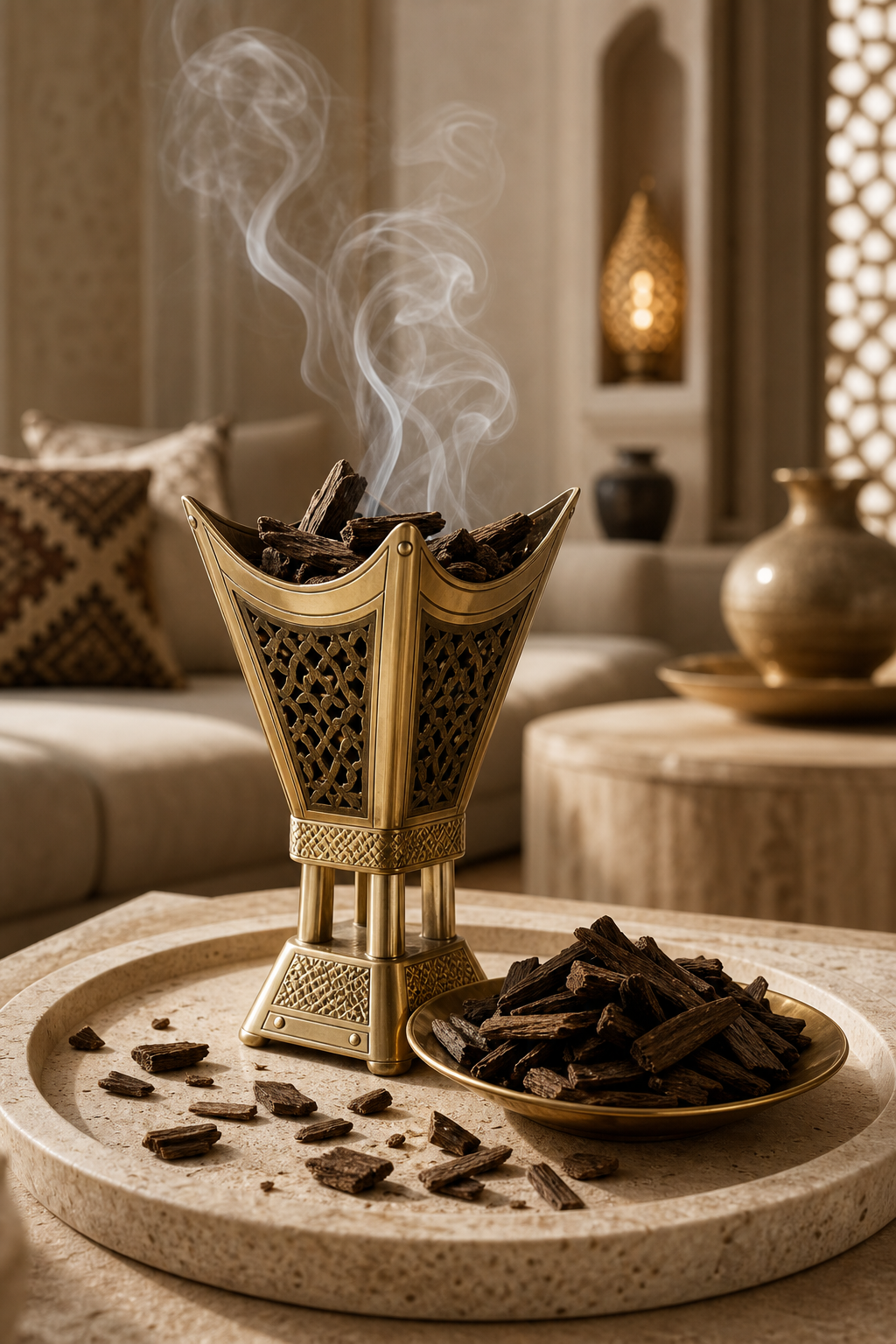 Elegant mabkhara on a stone tray with perfumed oud chips, soft incense smoke, and warm contemporary Arabian interior lighting