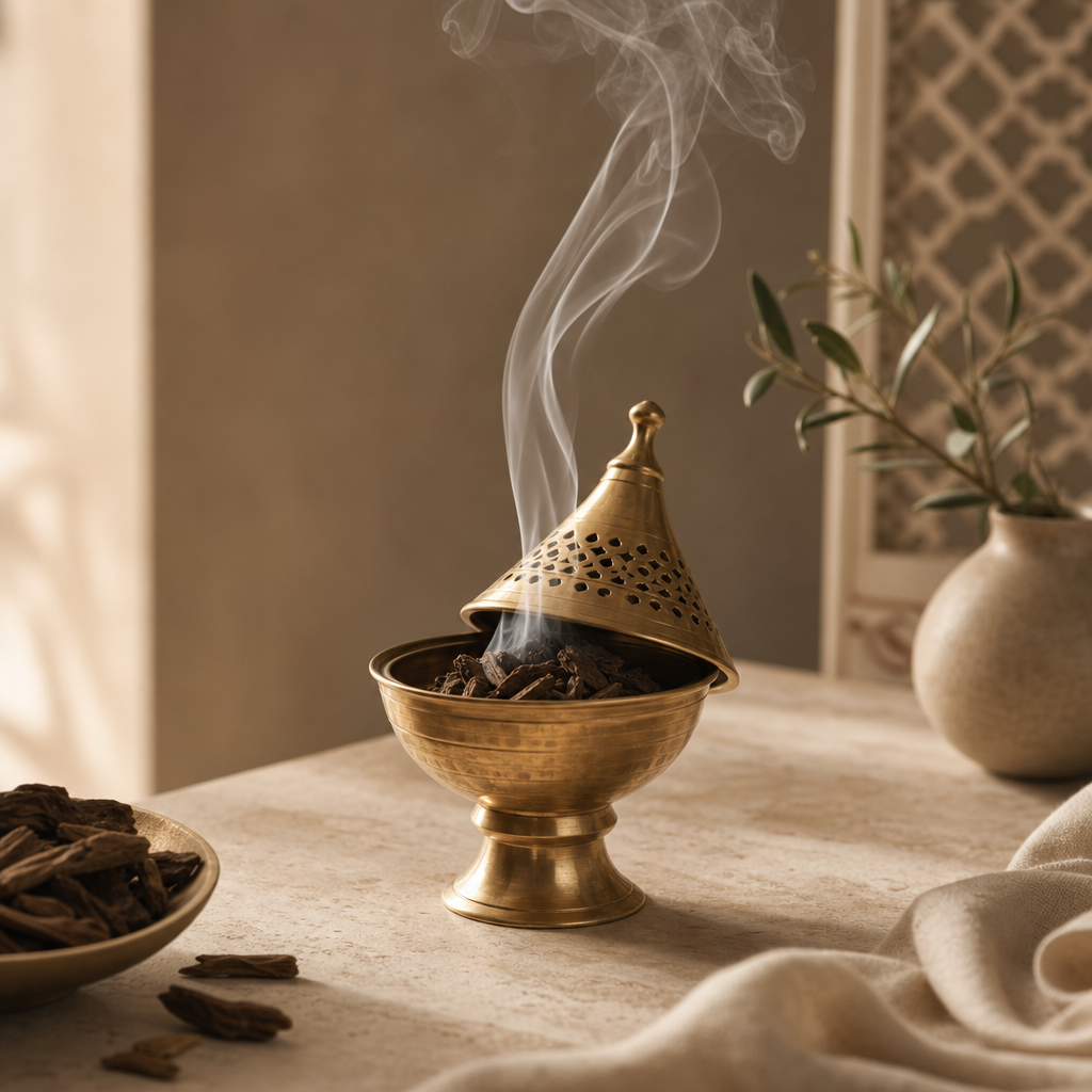 Polished brass mabkhara incense burner on a warm stone table with gentle aromatic smoke