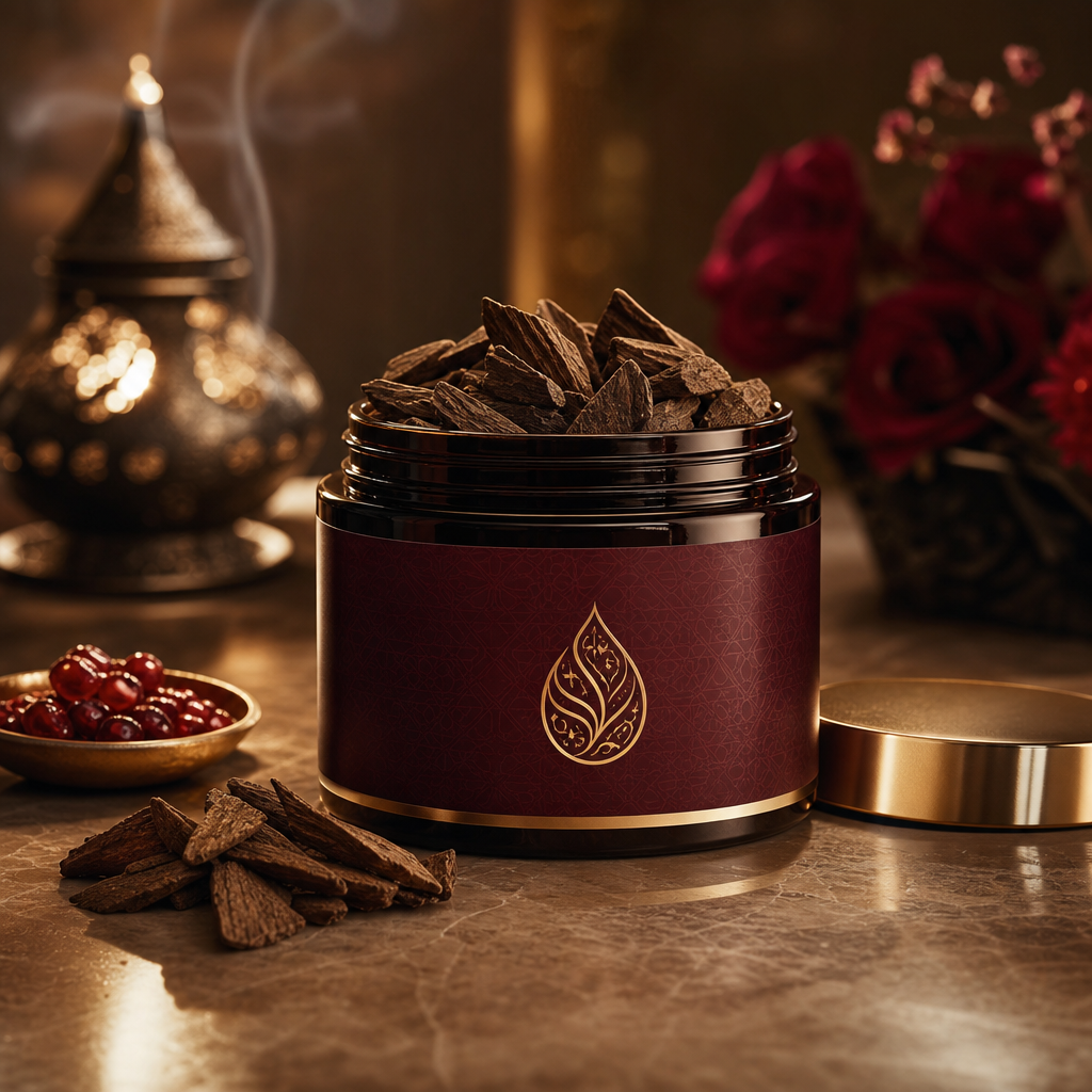Warm premium product placeholder for Crimson Orchard perfumed oud chips styled with rich crimson fruit accents