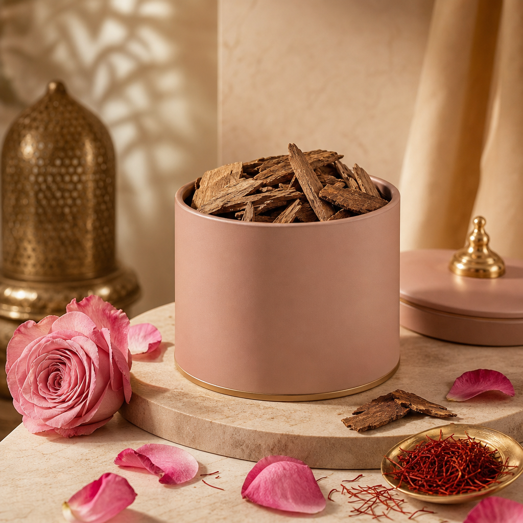 Warm premium product placeholder for Rose Saffron perfumed oud chips with rose and saffron-inspired tones