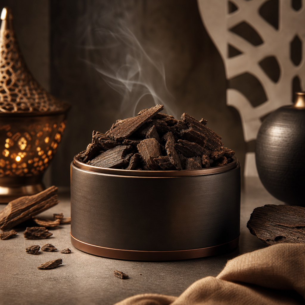 Warm premium product placeholder for Tobacco Ember perfumed oud chips with smoky amber lighting