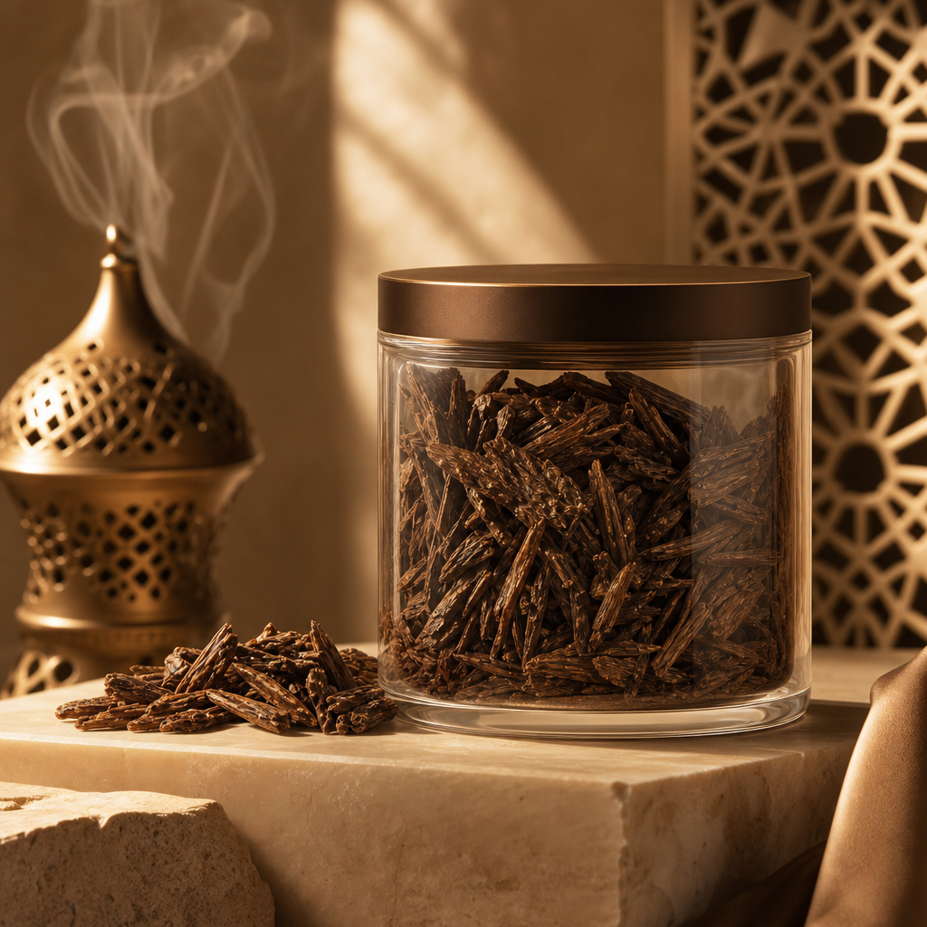 Warm premium product placeholder for Velvet Oud perfumed oud chips in an elegant amber-toned studio setup