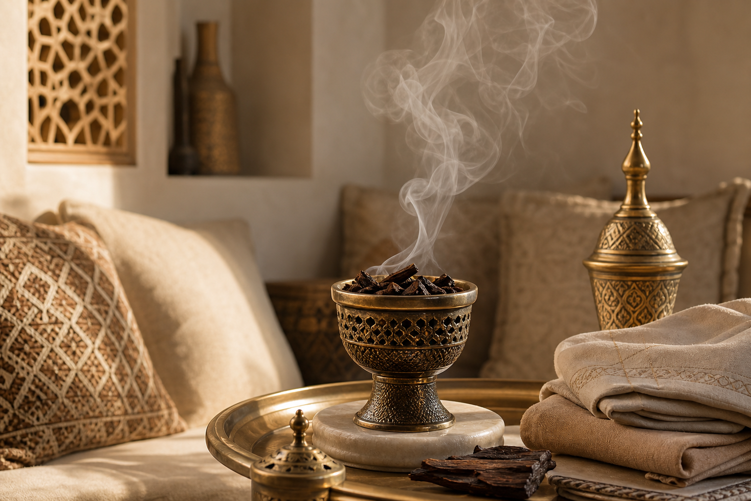 Softly lit Omani majlis corner with incense smoke rising near premium muattar chips and folded guest linens