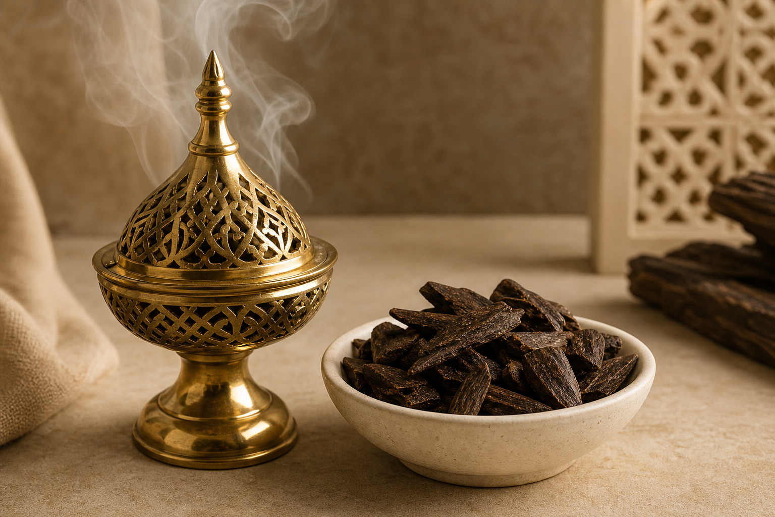 Polished brass mabkhara beside dark perfumed oud chips in an elegant ceramic bowl on a warm neutral surface