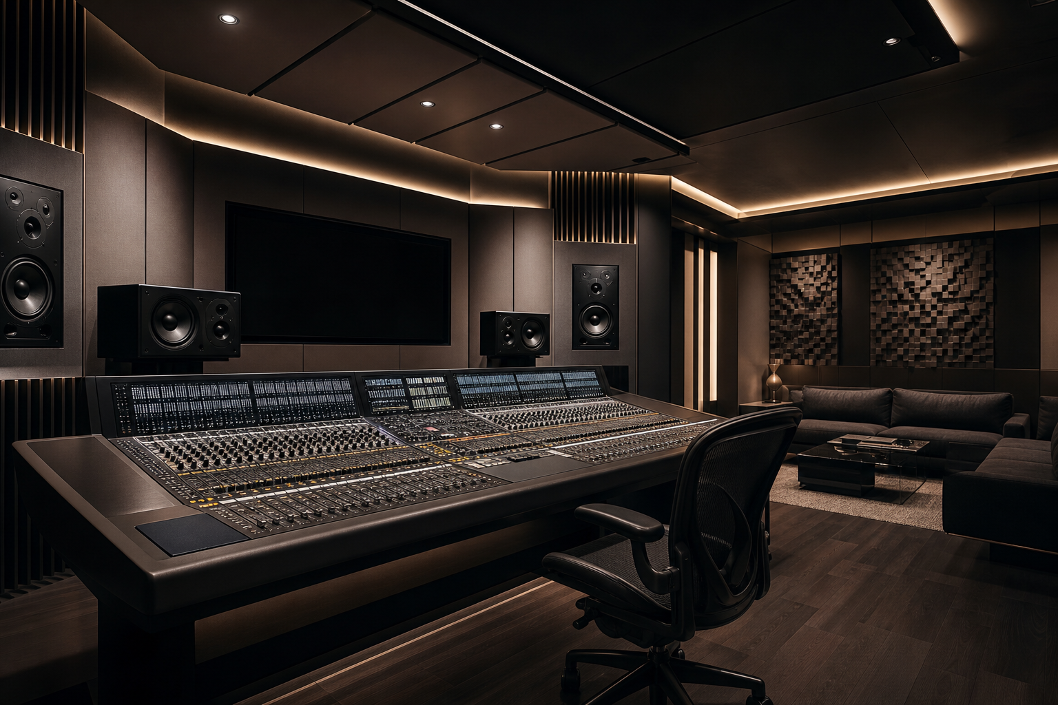 Clean contemporary post production studio with a large mixing desk, acoustic wall treatment, cinematic moody architectural lighting, and a calm premium creative environment