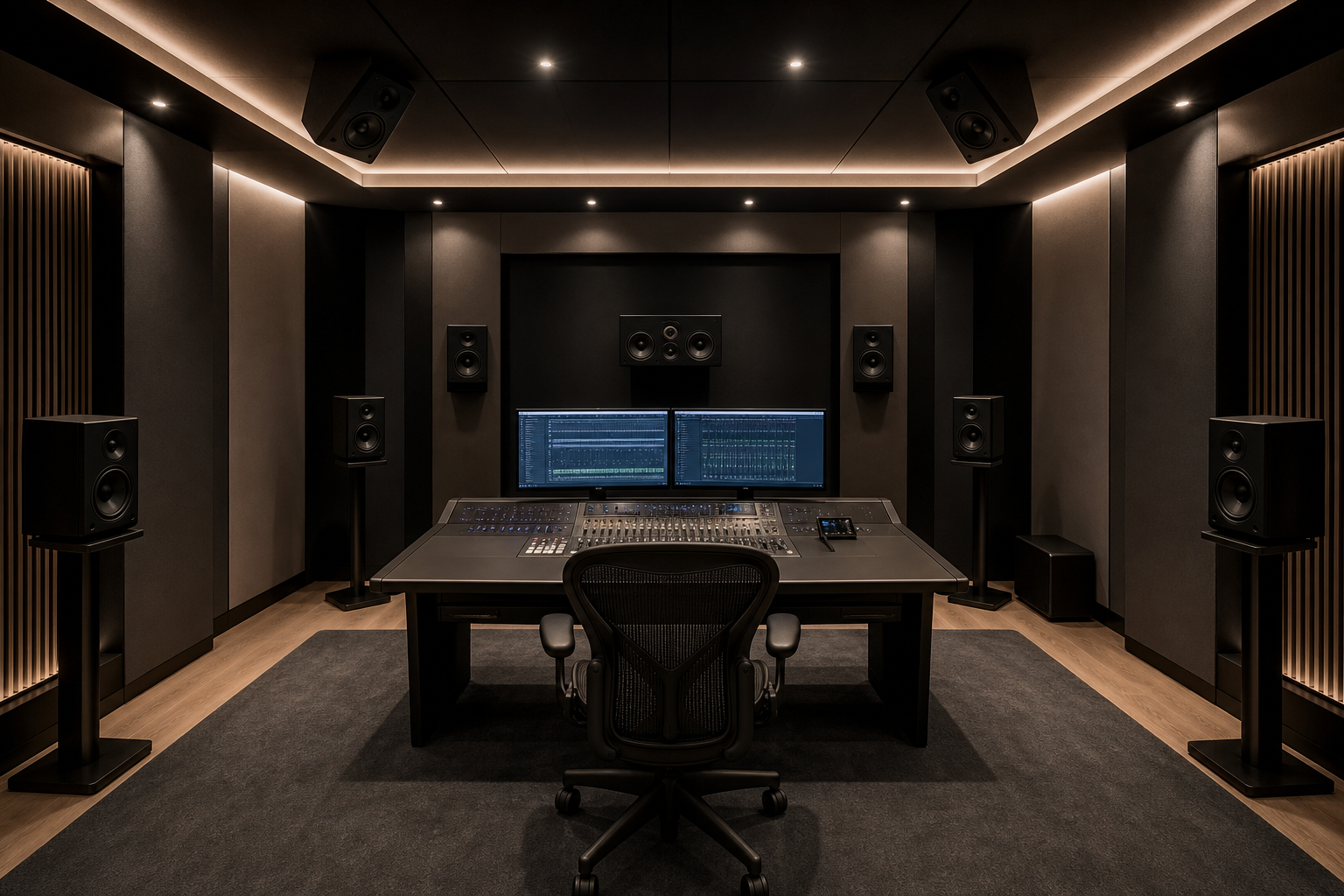 Refined Dolby Atmos mixing room with multi-speaker setup, acoustic treatment, clean desk surfaces, and calm architectural lighting