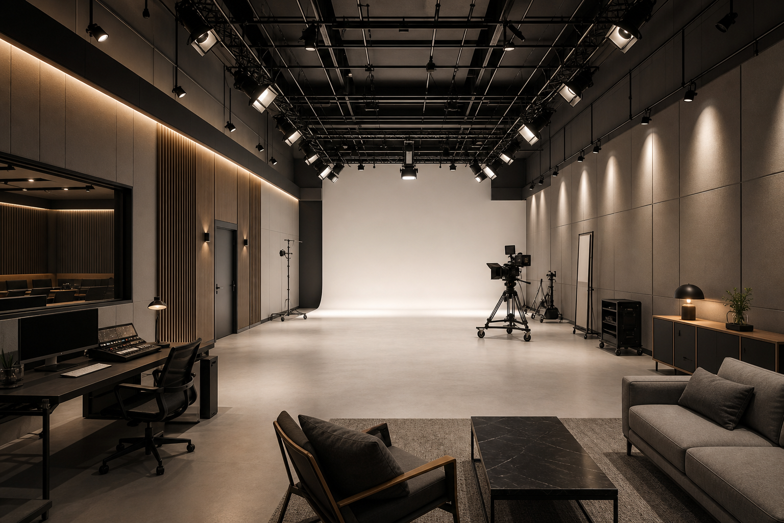 Modern real-time filmmaking studio with clean lines, adaptable lighting rigs, open production floor, and refined production-ready atmosphere