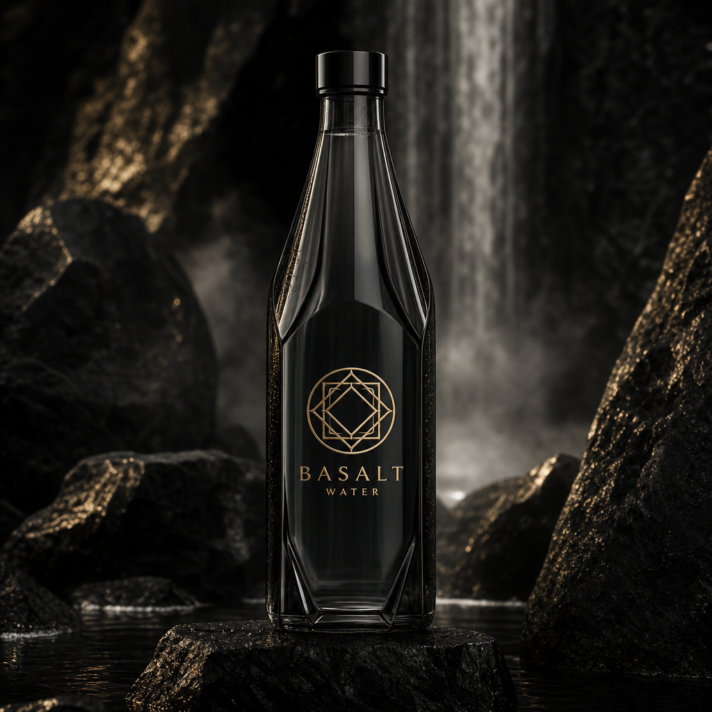 Sculptural matte-black BASALT water bottle with a subtle gold geometric emblem and minimal wordmark, standing on a dark stone plinth