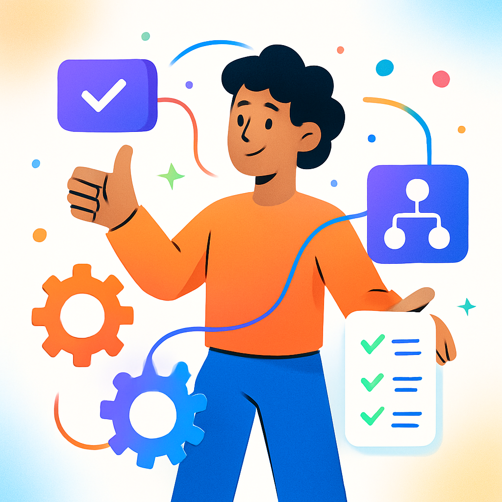 Energetic modern illustration showing a character using automation tools, gears, flows, and checklists, radiating a tech-forward, productive vibe in a fresh, colorful style.