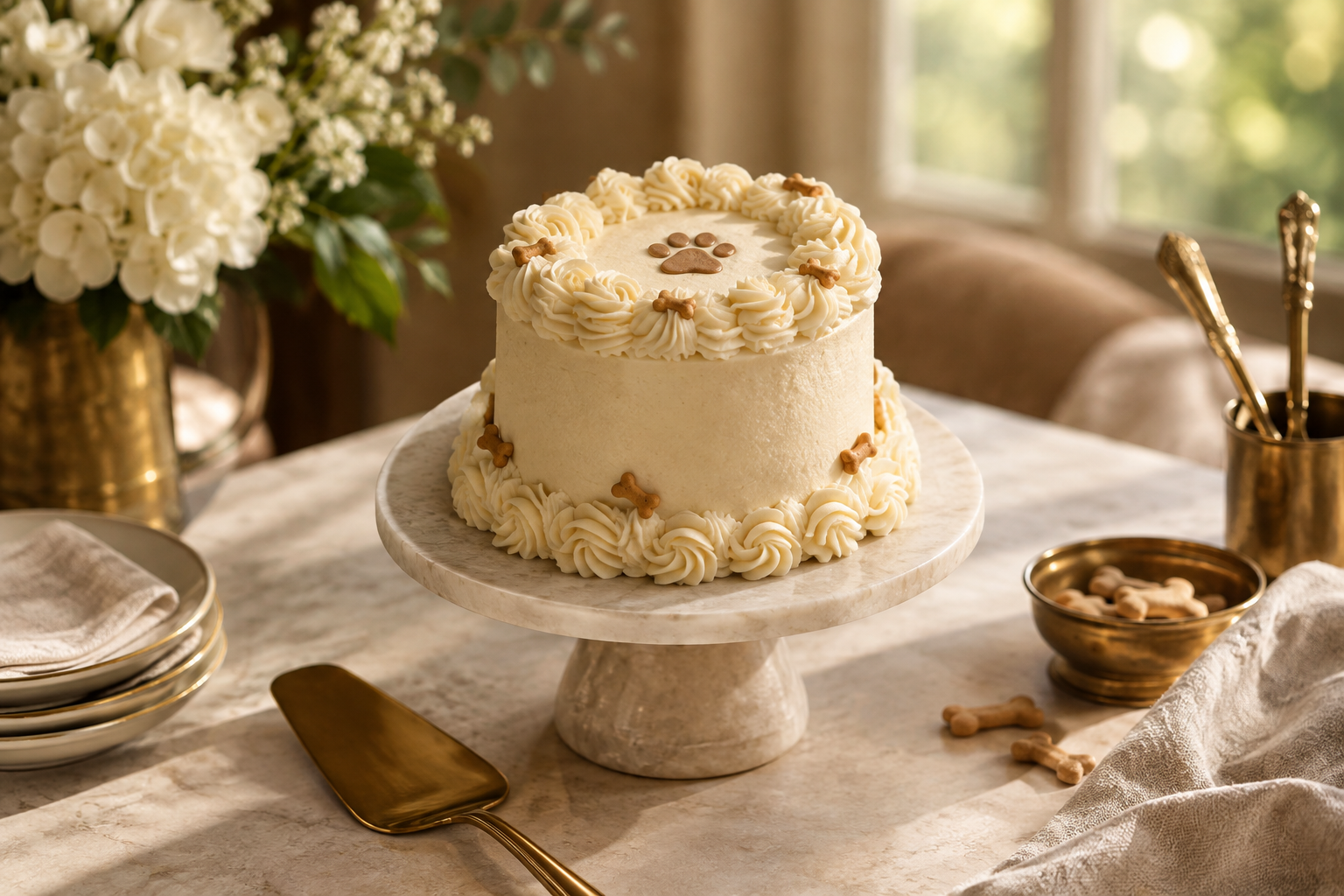 Refined dog celebration cake with piped cream rosettes on a stone cake stand beside brass serving tools