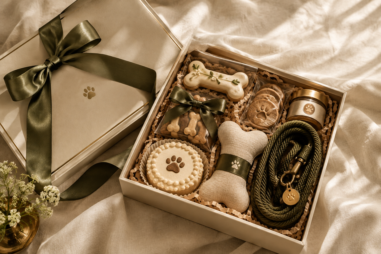 Luxury dog gift box with satin ribbon, curated treats, and keepsake accessories styled on textured cream drapery