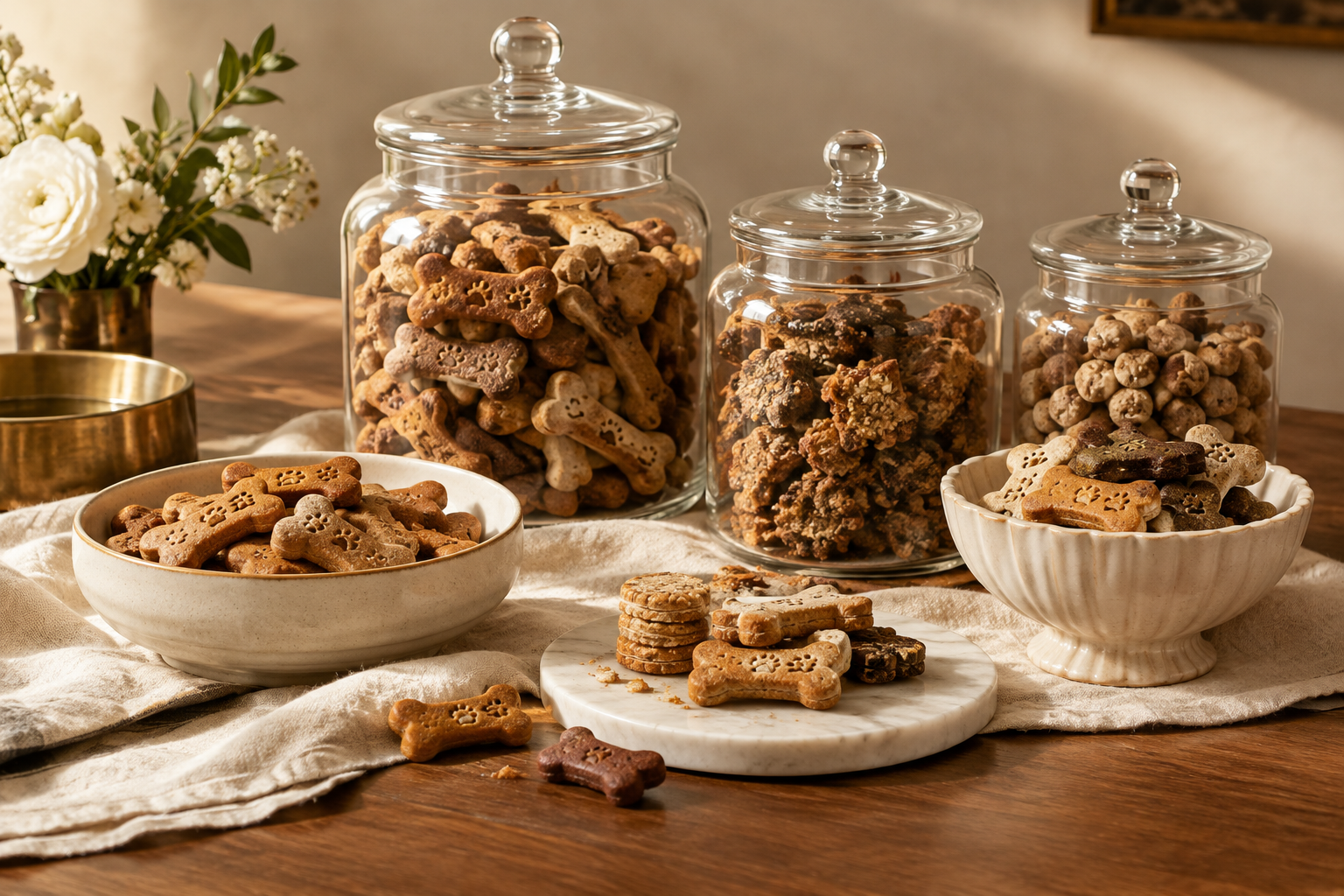 Assorted artisanal dog biscuits in glass canisters on warm ivory linen with wooden scoops