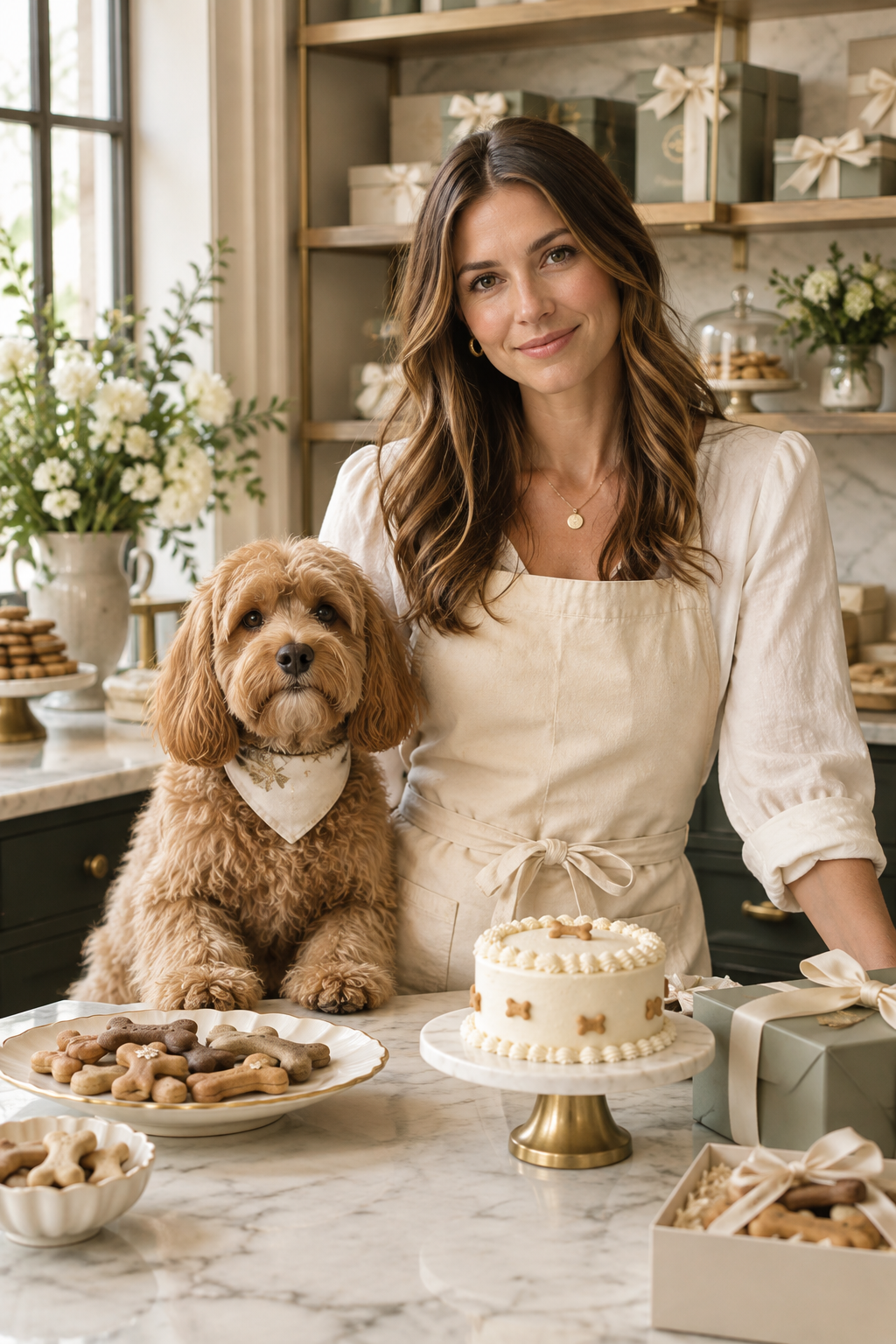 Founder of BAYOU & BONE standing in a warm boutique kitchen beside a well-groomed dog, with plated pet patisserie treats and elegant packaging in the background