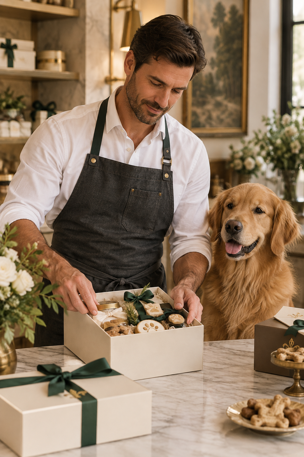 Portrait of BAYOU & BONE house steward, a smiling man in a dark apron arranging ribboned gift boxes beside a calm golden retriever