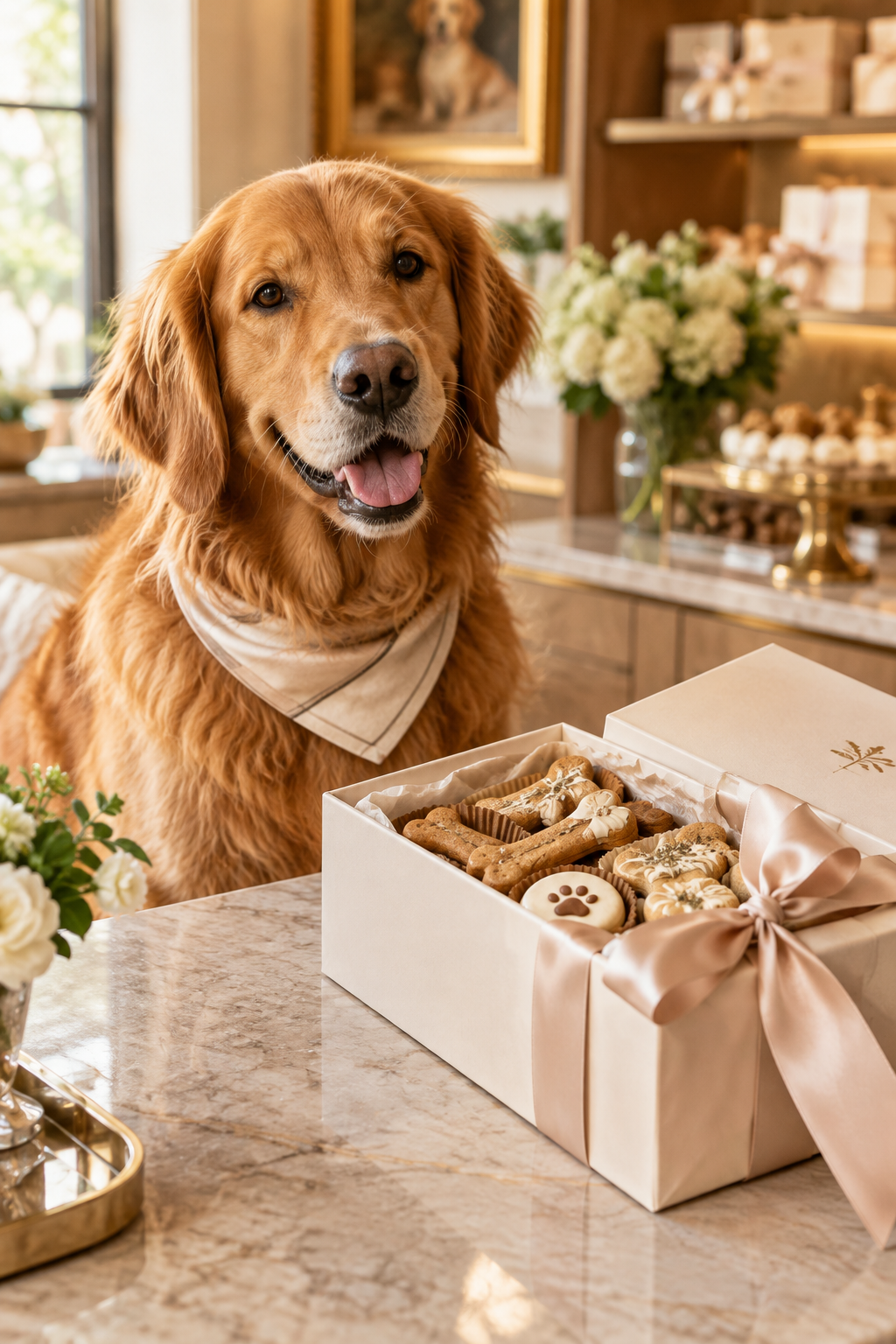 Elegant gift-ready dog treat box with satin ribbon beside a calm golden dog in a warm boutique interior