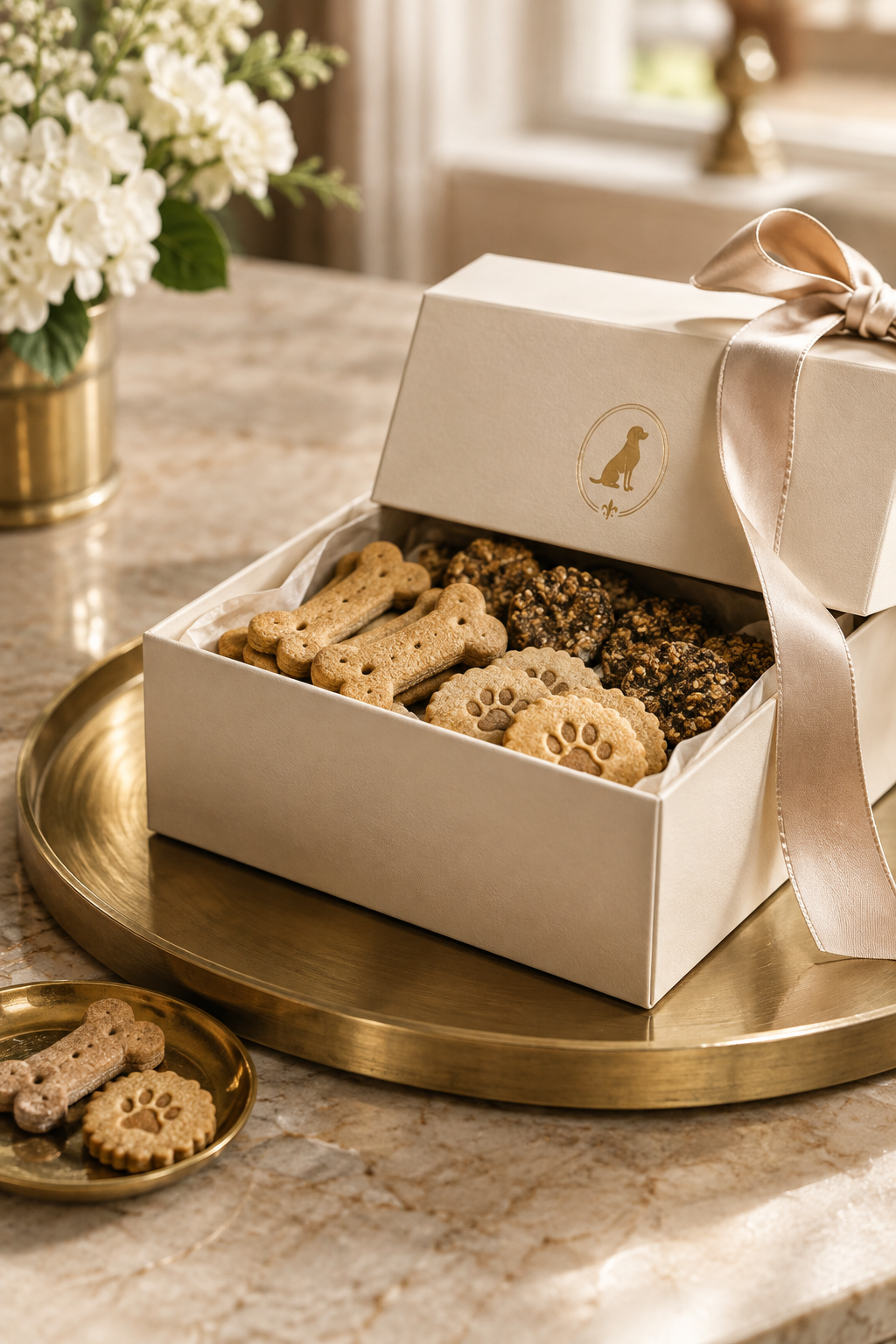 Styled boxed dog treats with ribbon on a warm brass tray in a boutique setting