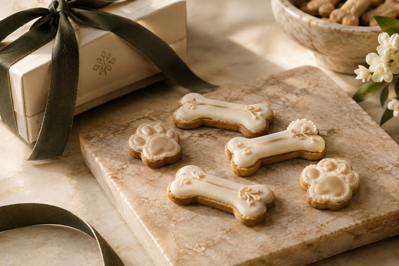 Close-up of elegantly iced dog patisserie treats arranged on a warm stone serving board with ribboned gift packaging