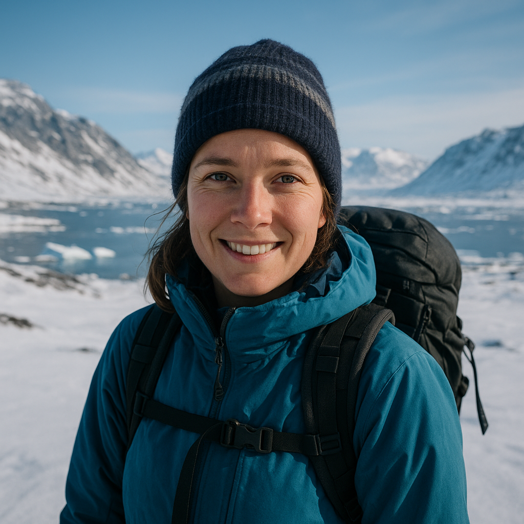 Portrait of adventurous traveler Alice Thomsen in snowy Greenland landscape.