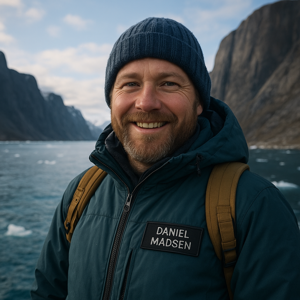 Portrait of traveler Daniel Madsen, smiling by a Greenlandic fjord.