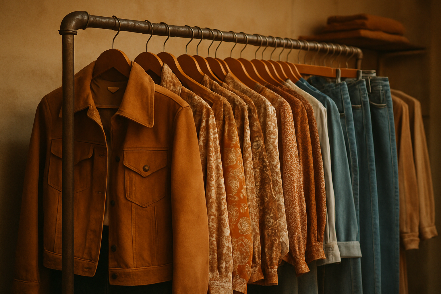 Warm film-style photo of a curated vintage clothing rack with 70s and 80s jackets, patterned blouses, and denim in a cozy boutique