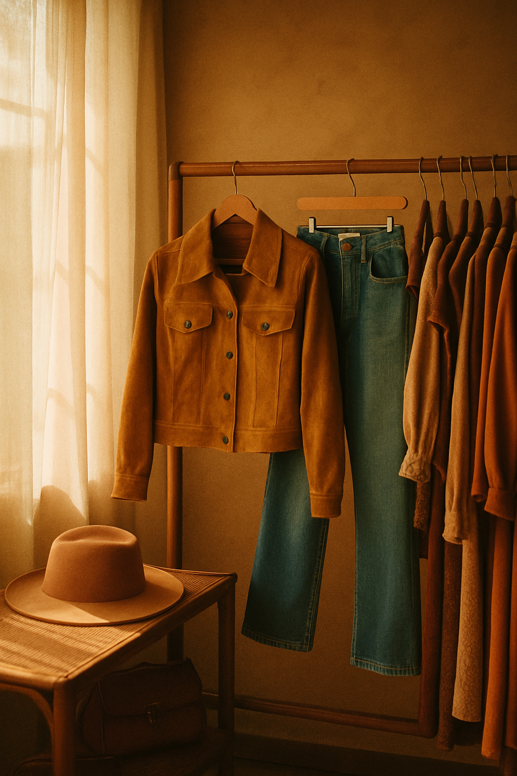 Warm film-style photo of a stylish boutique corner with a mustard suede jacket and high-waisted denim on a vintage rack, soft sunlight streaming through sheer curtains