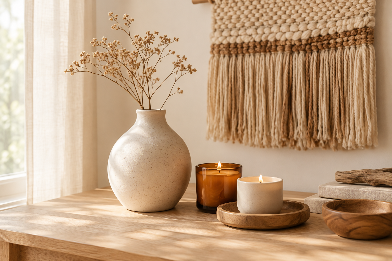 Curated handmade decor still life with ceramic vase, woven wall texture, soy candles, and warm wood accents in natural light