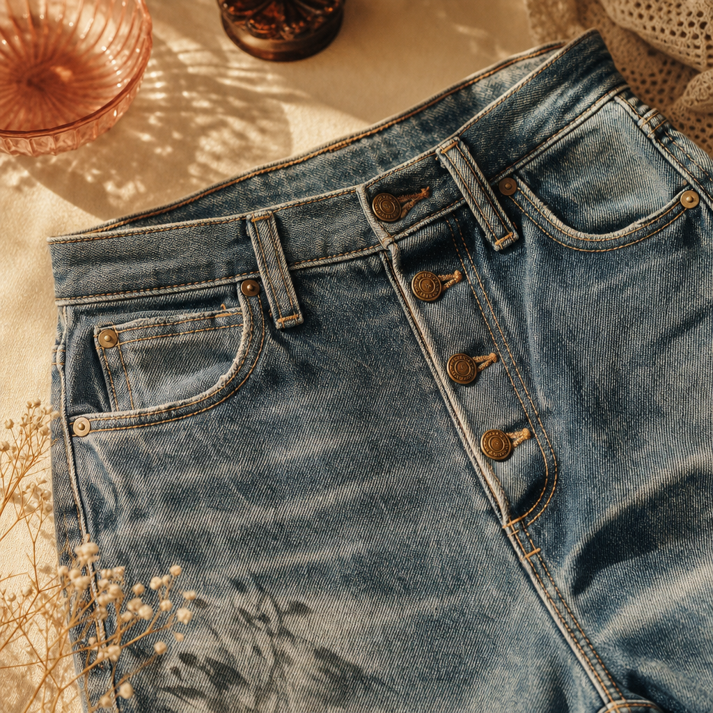 Close-up of high-rise vintage denim with sun-faded blue wash and brass hardware